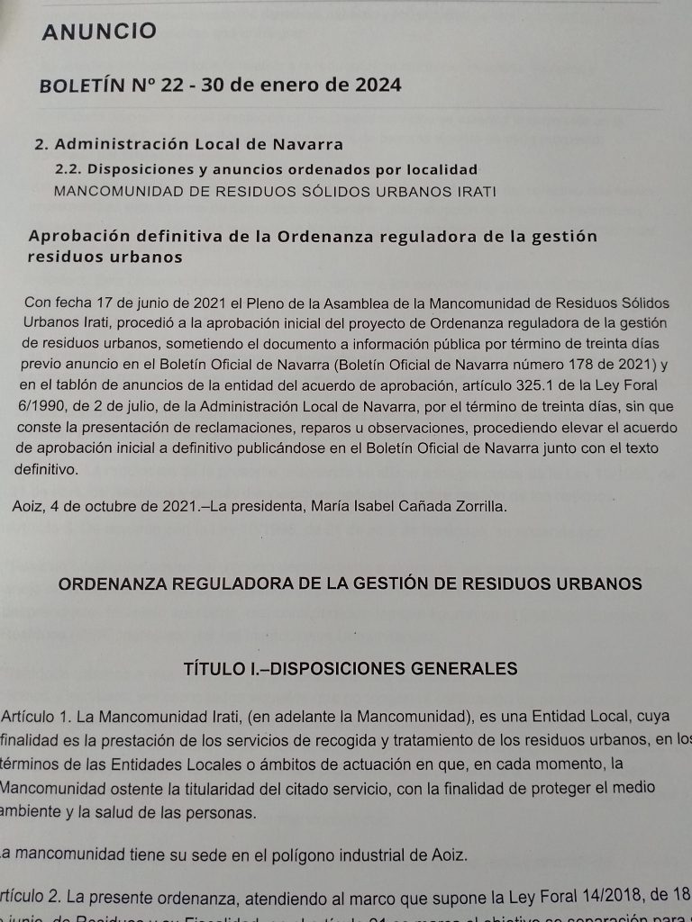 APROBACIÓN DEFINITIVA DE LA ORDENANZA REGULADORA DE LA GESTIÓN RESIDUOS URBANOS