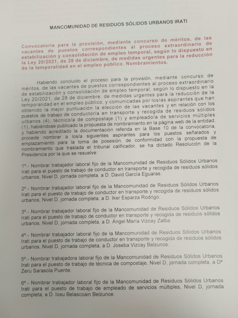 Convocatoria para la provisión mediante concurso de meritos , ley 20/2021, de 28 de diciembre. Nombramientos