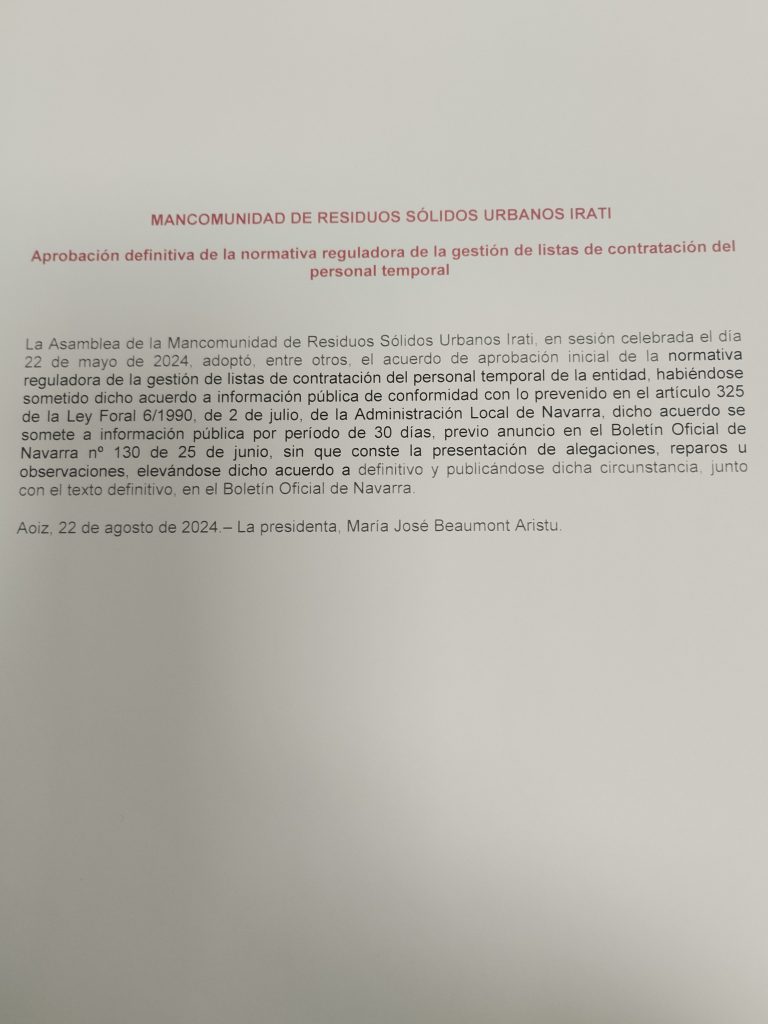 Aprobación definitiva de la normativa reguladora de la gestión de listas de contratación del personal temporal.