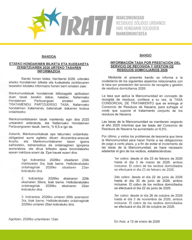 BANDO INFORMATIVO 2026 (Fechas de cobro de la Tasa de Basuras)