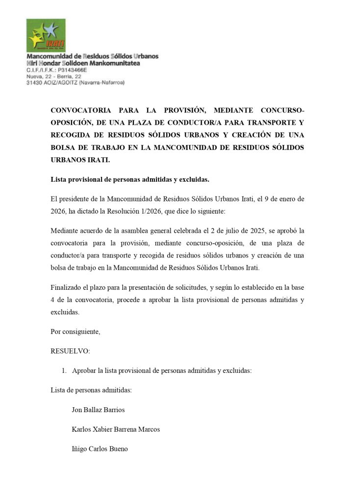 Convocatoria de Conductor/a: Lista Provisional de personas admitidas y excluidas