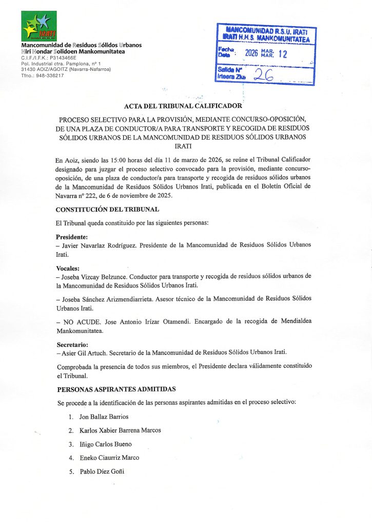 Convocatoria de Conductor/a: Acta del Tribunal Calificador