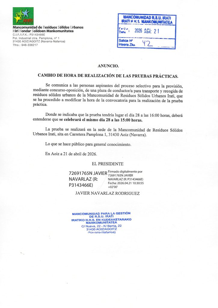 Convocatoria de Conductor/a: CAMBIO DE HORA DE REALIZACIÓN DE LAS PRUEBAS PRÁCTICAS